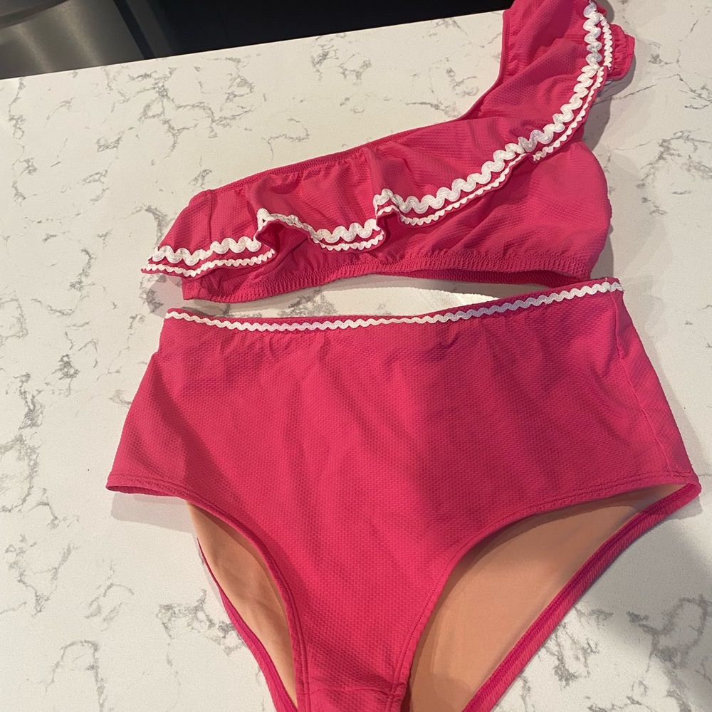 J Crew High Waist Pink Rick Rack Trim Bikini Set Medium 8-10 EUC